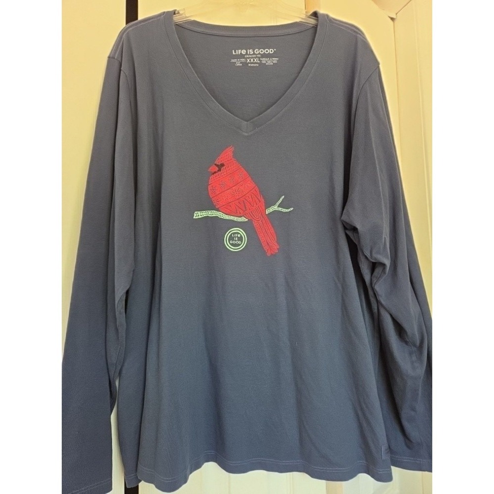 Life Is Good Womens Top Blue Long Sleeve Crusher Tee Cardinal V-Neck Size 3XL